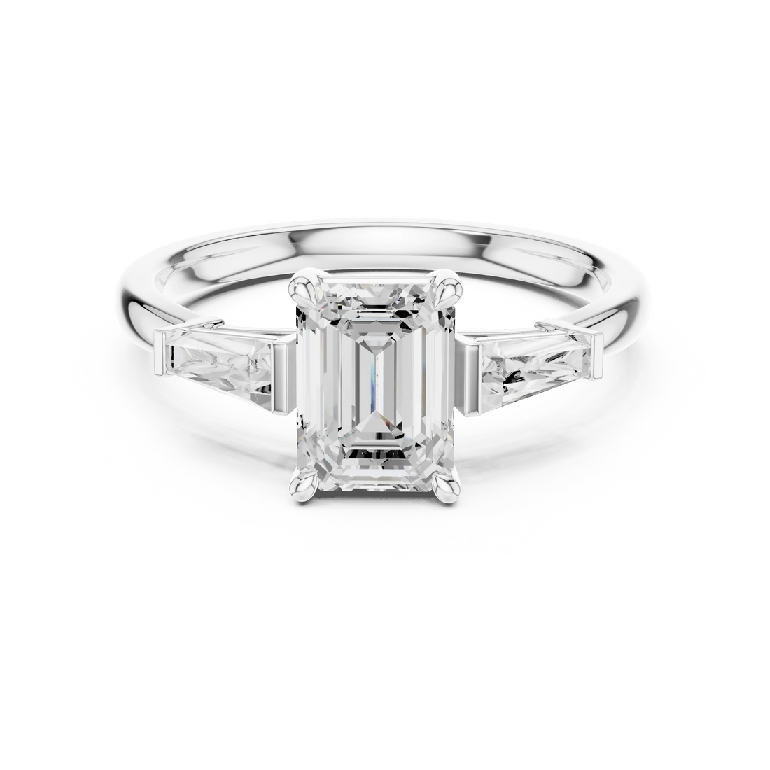 white gold luxe trinity ring with emerald center stone and diamond side stones