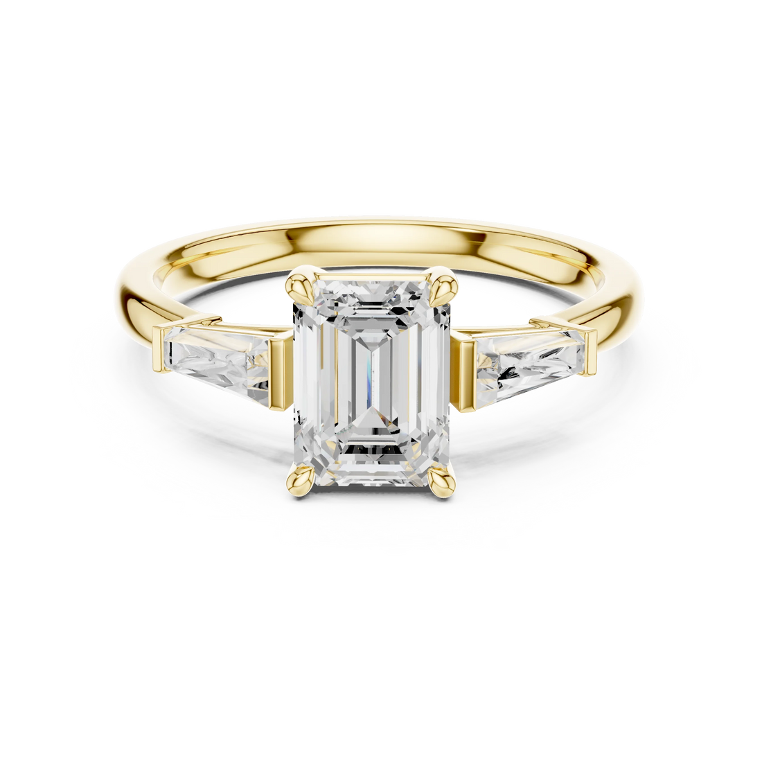 Lab-grown emerald center stone luxe trinity ring with diamond side stones in yellow gold