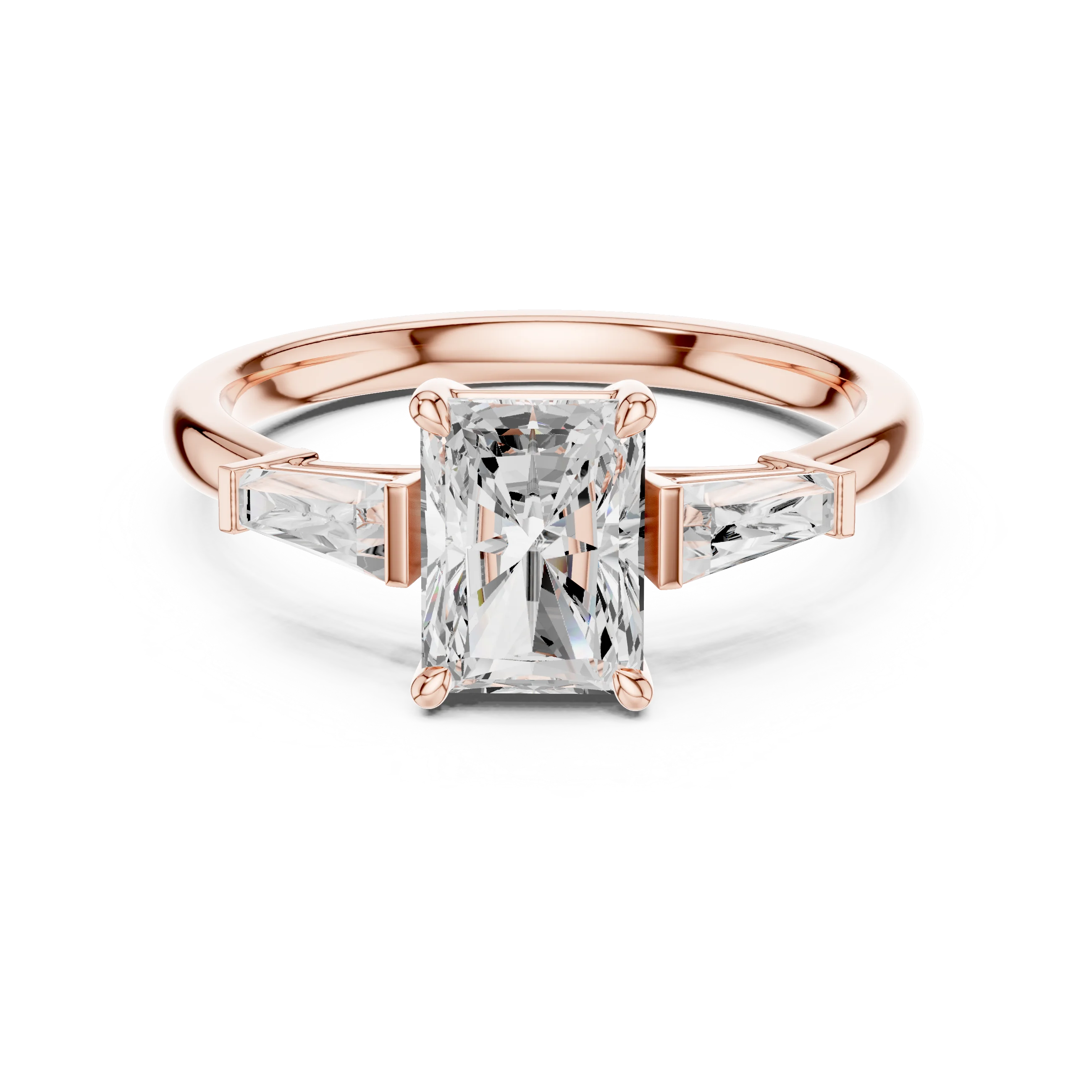 Lab-grown emerald center stone trinity ring with radiant side diamonds in rose gold