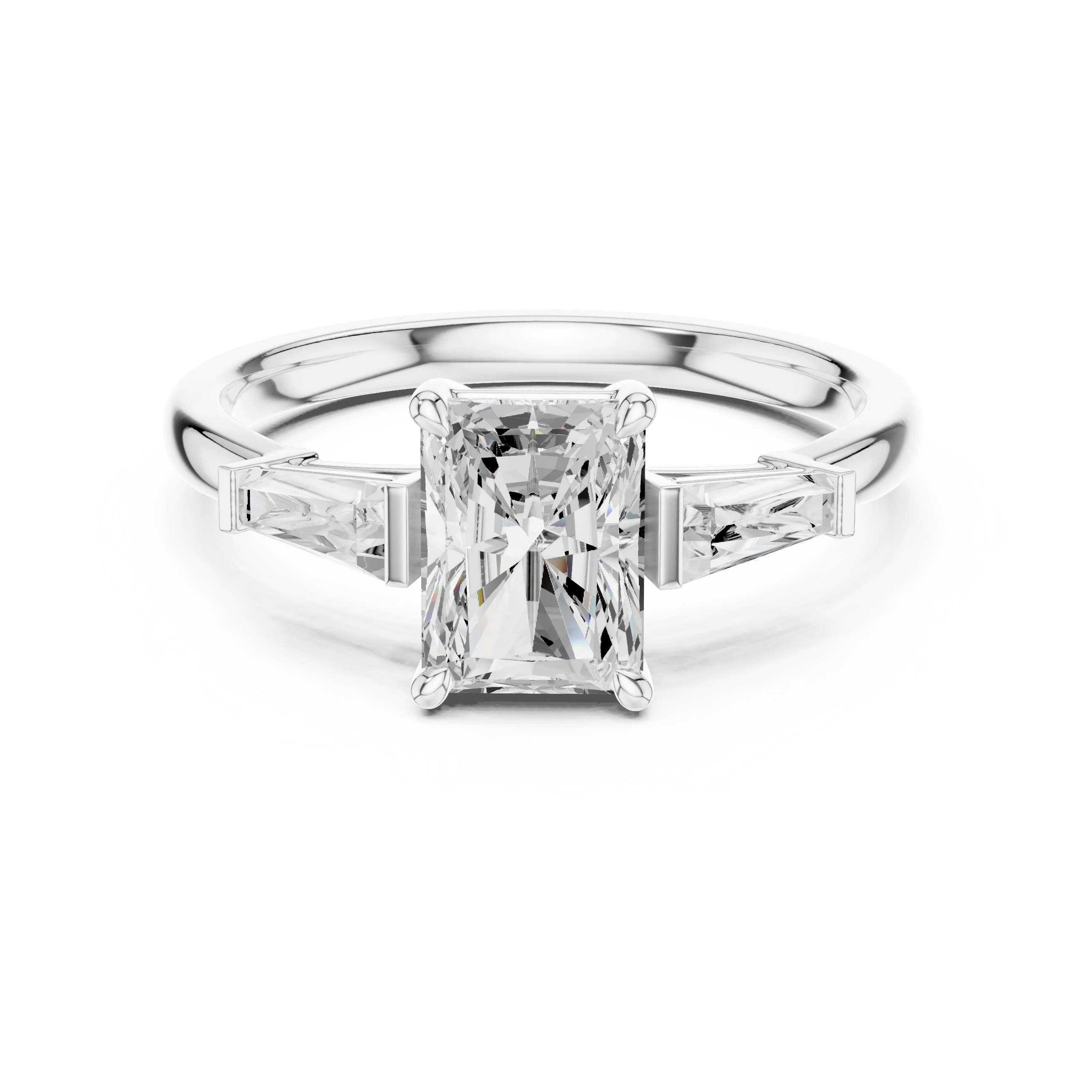 Lab-grown emerald center stone trinity ring with radiant side diamonds in white gold
