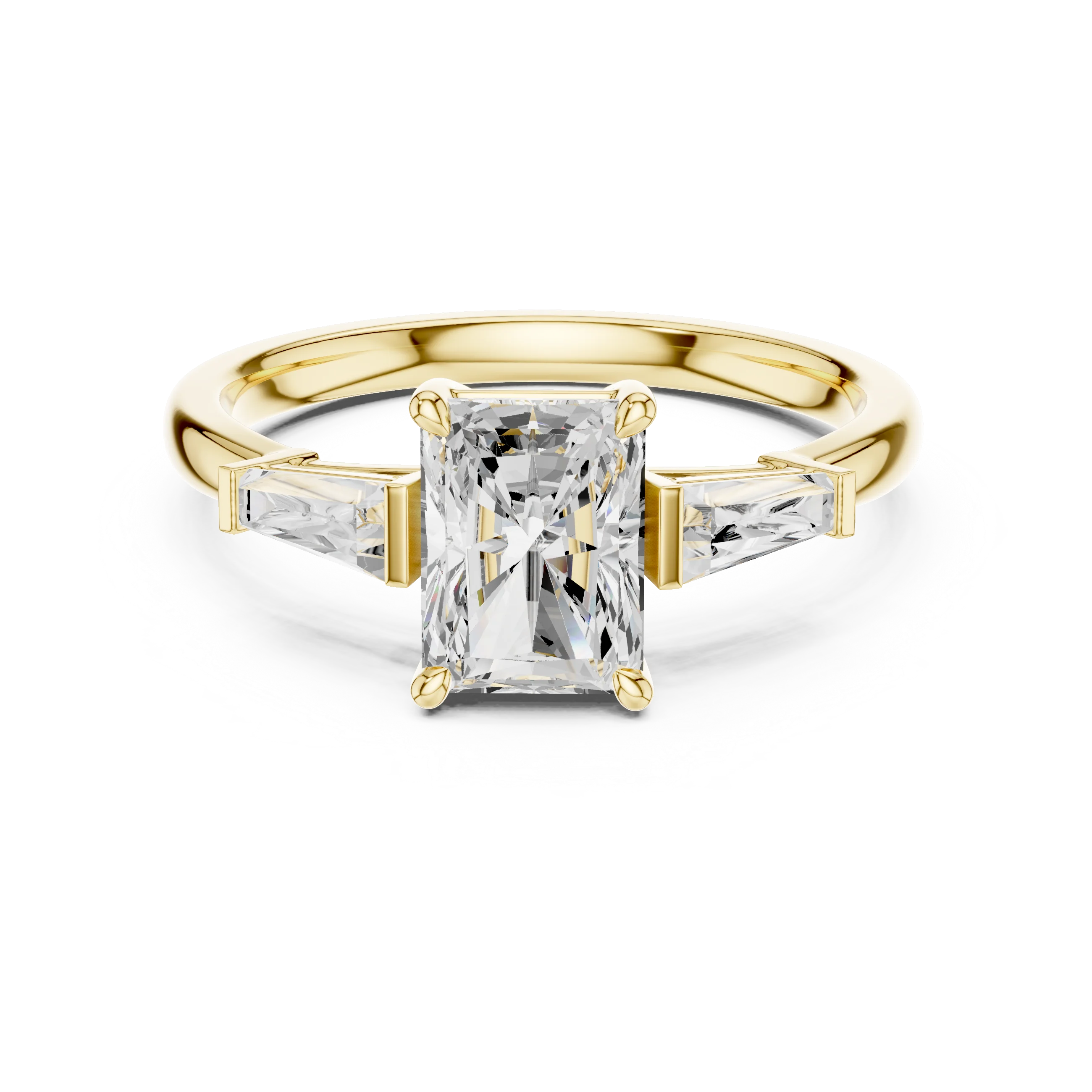 Lab-grown emerald center stone trinity ring with radiant side diamonds in yellow gold