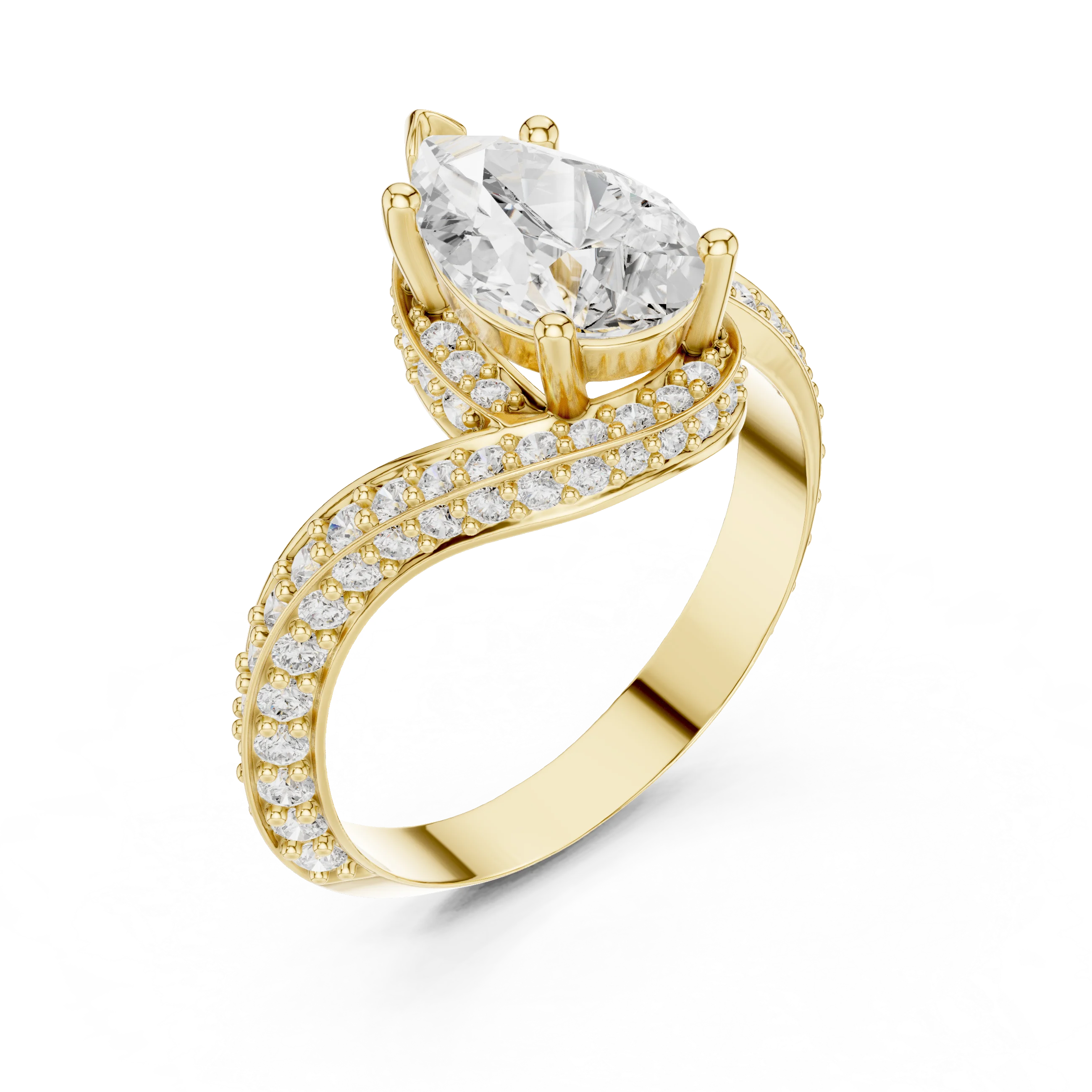 Twisted pear diamond ring in yellow gold with lab-grown diamond front view