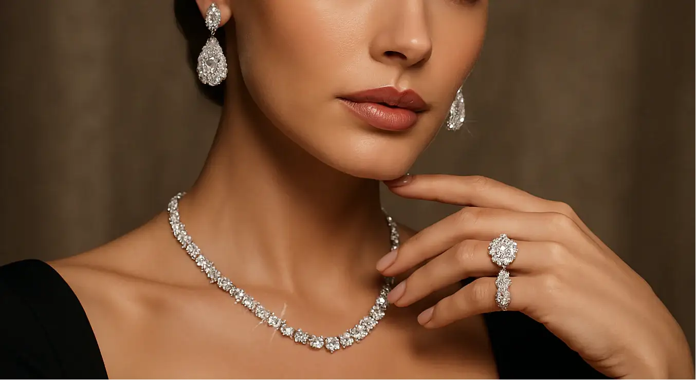generate image of model looks real with the showing diamonds and dimaonds or diamond is visible and something unique but looks realistic with my theme of the website and I Can use it as banner a good quality picture 