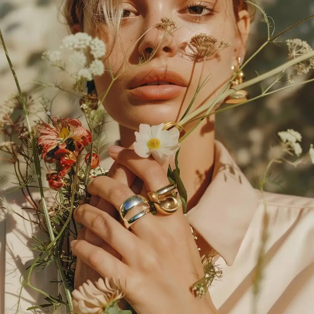 Woman wearing gold rings and earrings with natural flowers, modern jewelry style