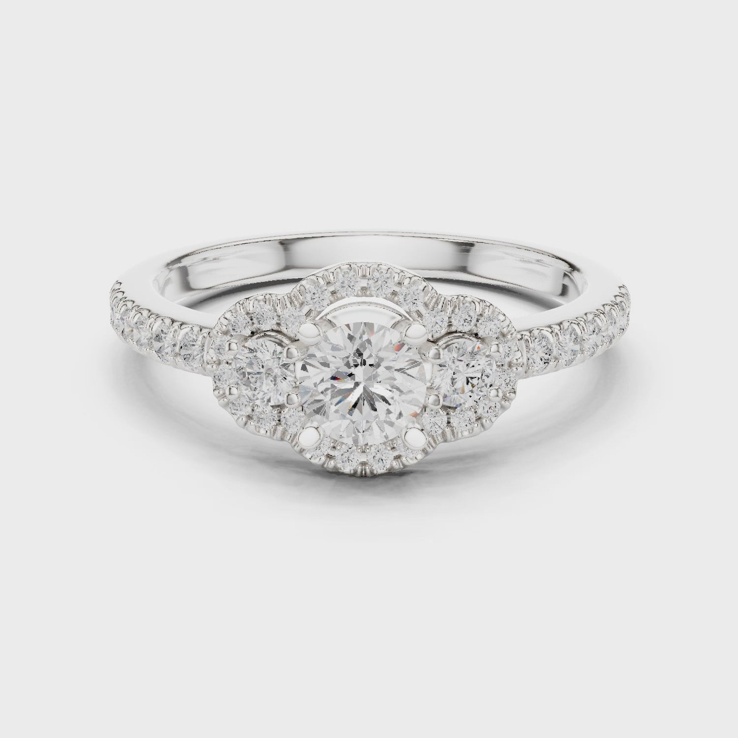 Three-Stone Diamond Halo Engagement Ring