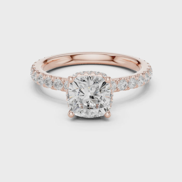  Video of cushion cut hidden halo ring with pave diamond band in rose gold
