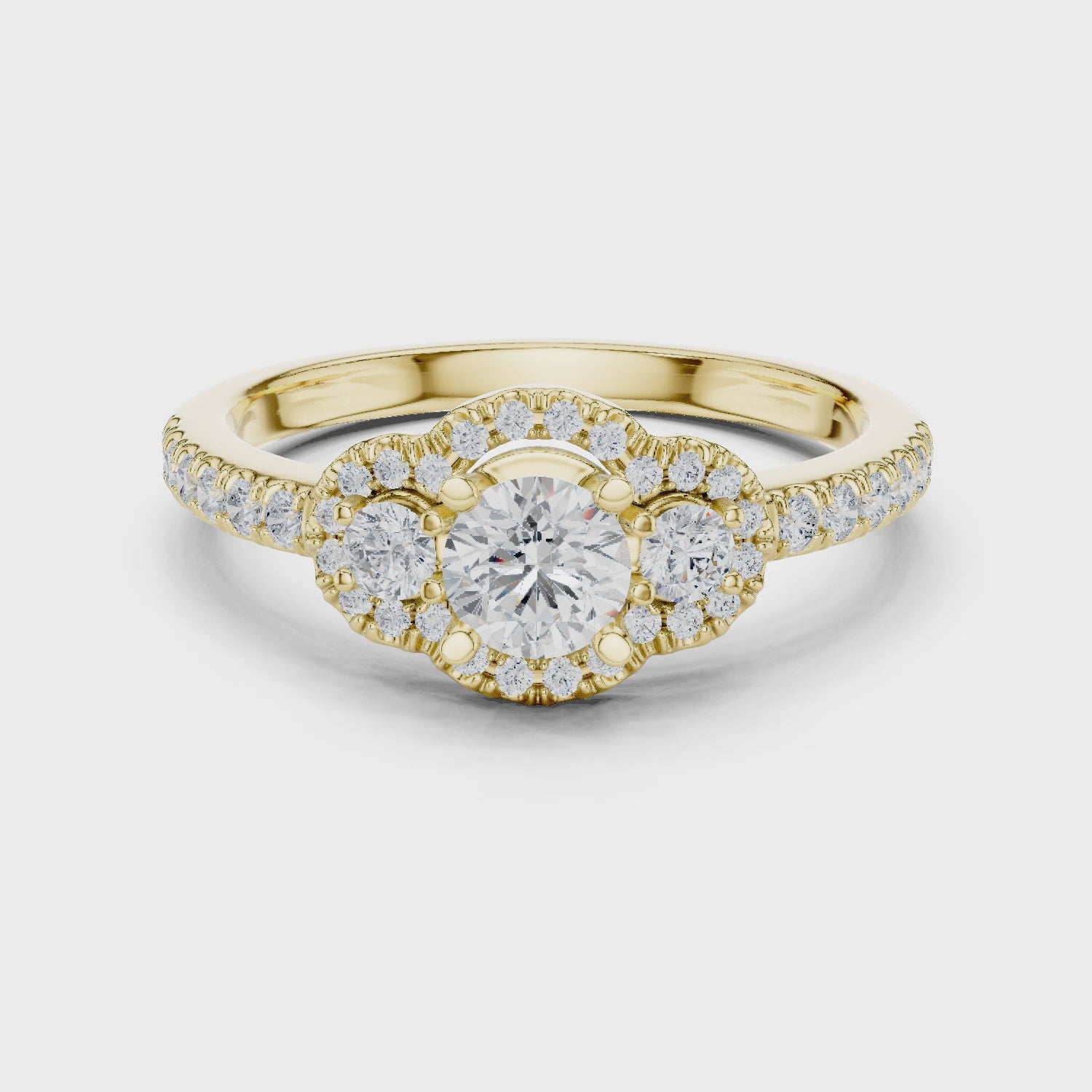 Three-Stone Diamond Halo Engagement Ring