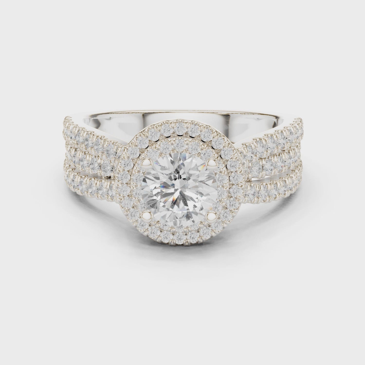 Double Halo Round Diamond Engagement Ring with Pavé Split Band