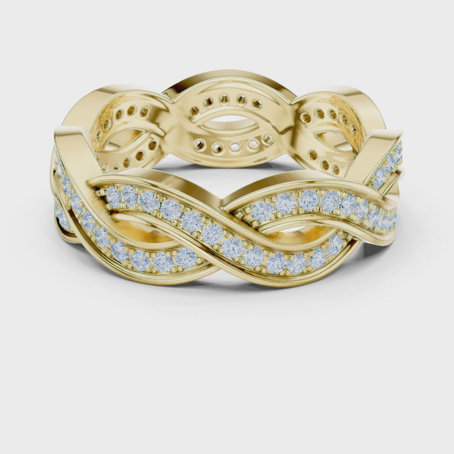 Video of yellow gold eternity band highlighting braided infinity pattern and diamond setting
