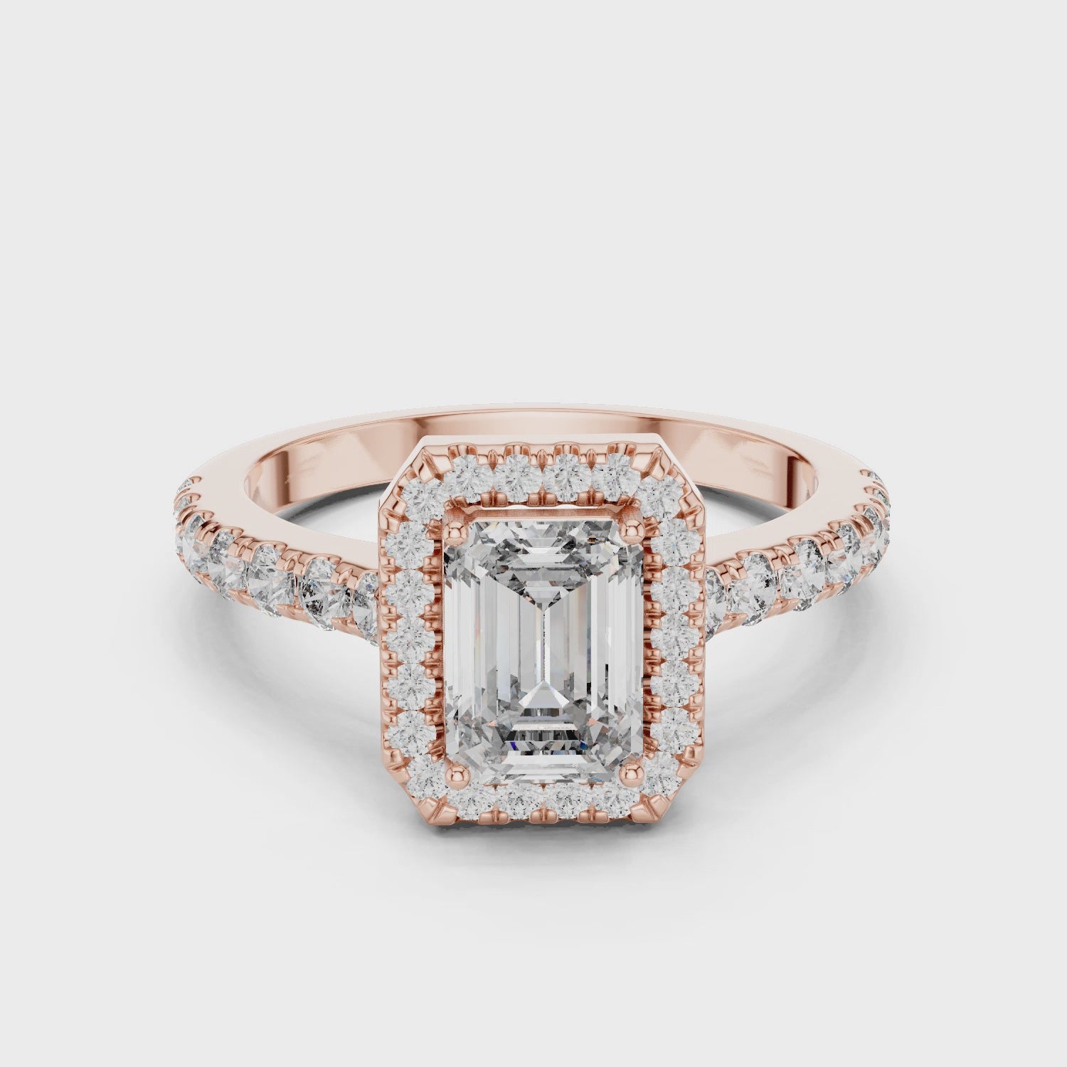 Emerald Cut Halo Diamond Ring with Pavé Band
