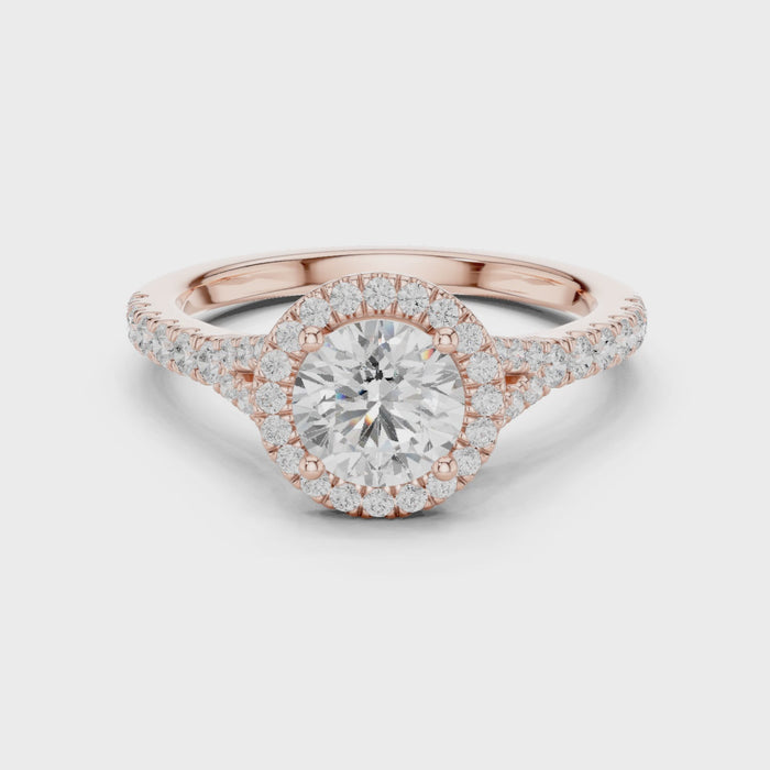 Round brilliant halo engagement ring with split pavé diamond band in rose gold, lab grown diamond, Video, Australia DFE