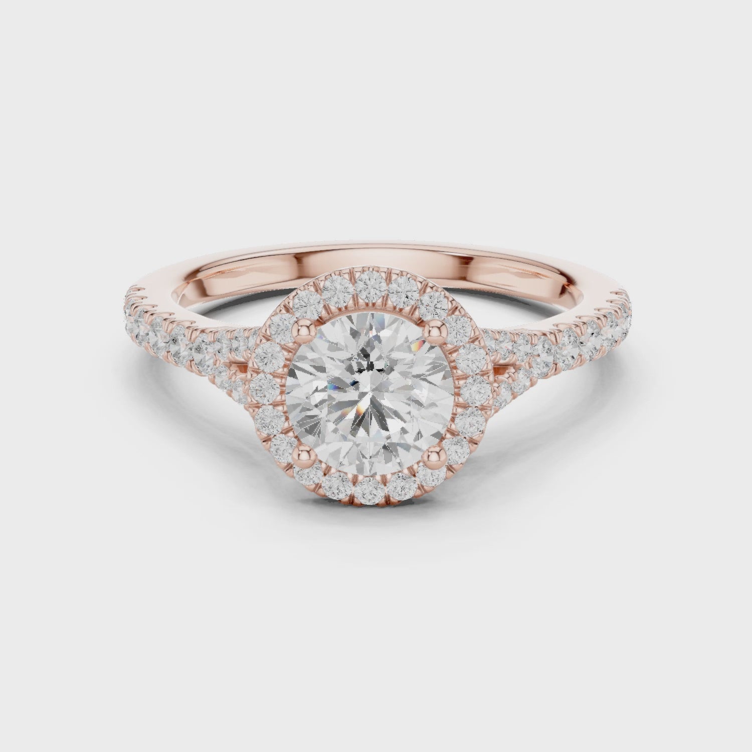 Round brilliant halo engagement ring with split pavé diamond band in rose gold, lab grown diamond, Video, Australia DFE