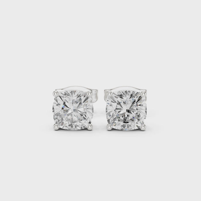 Video of Cushion cut lab grown diamond stud earrings in white gold side view by Diamonds for Everyone Australia
