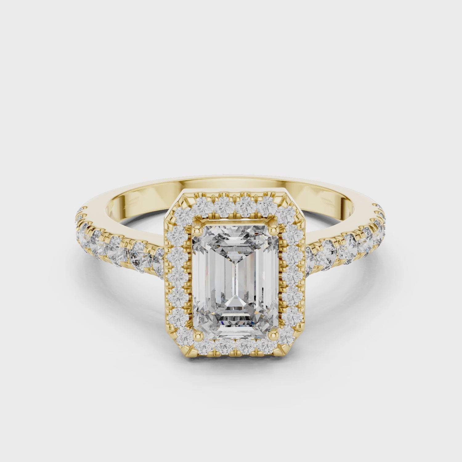Emerald Cut Halo Diamond Ring with Pavé Band