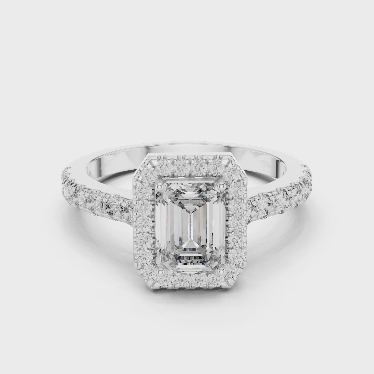Emerald Cut Halo Diamond Ring with Pavé Band
