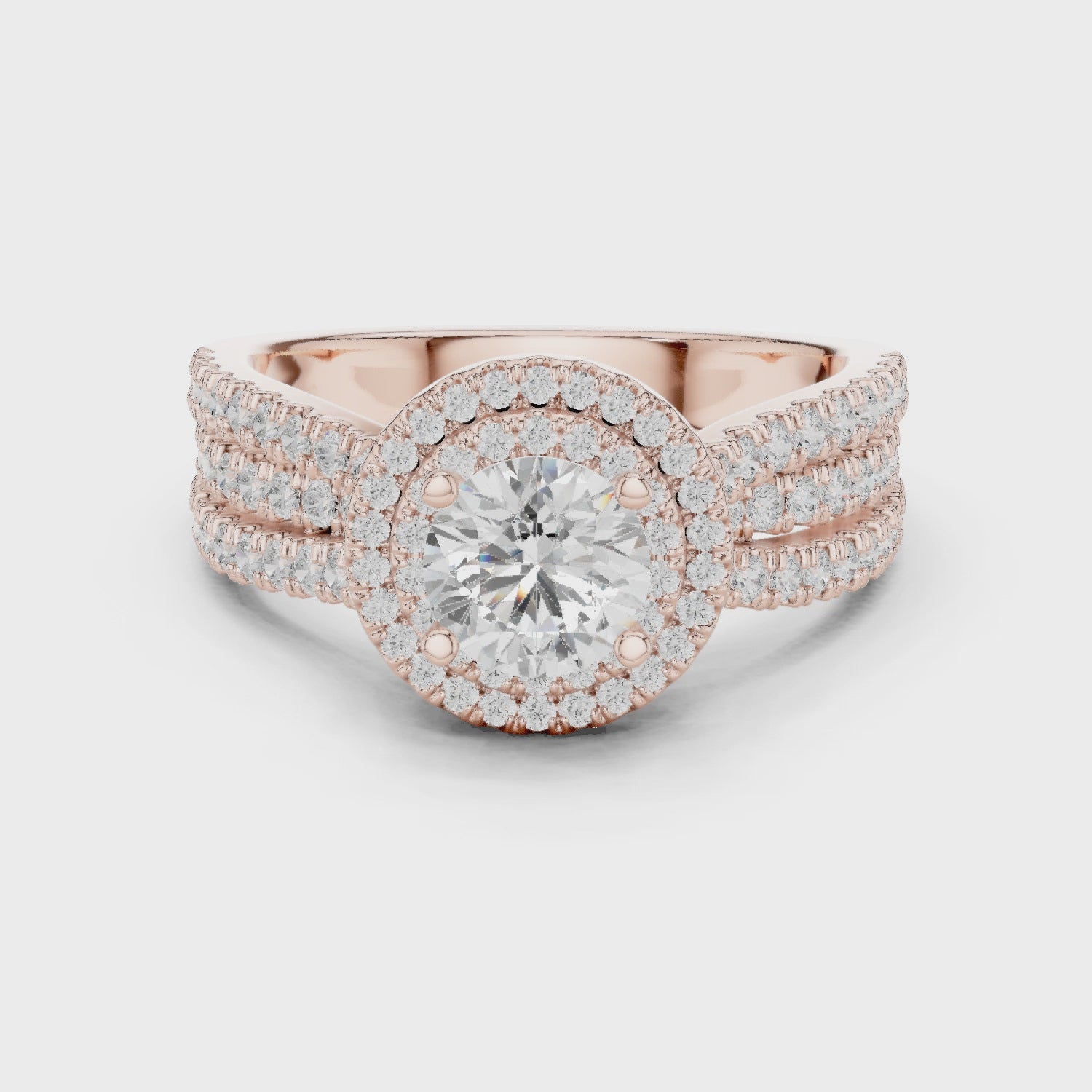 Double Halo Round Diamond Engagement Ring with Pavé Split Band