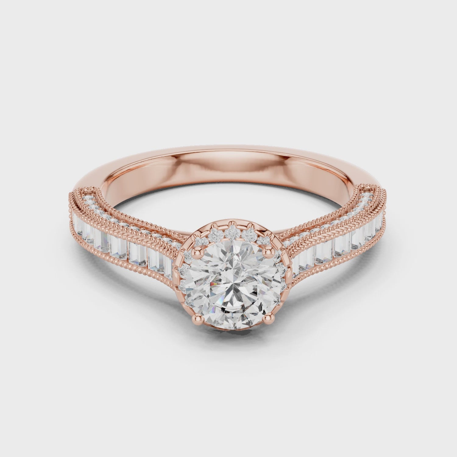 Round Cut Diamond Engagement Ring with Baguette & Milgrain Band