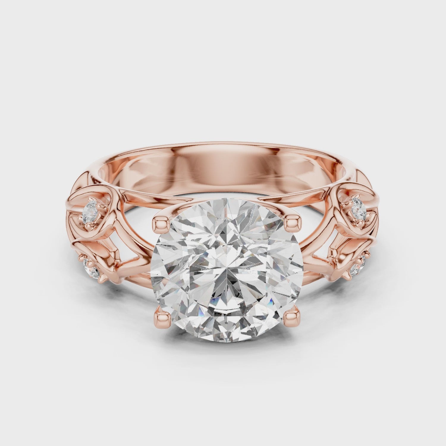 Round Cut Diamond Engagement Ring with Sculpted Floral Side Accents