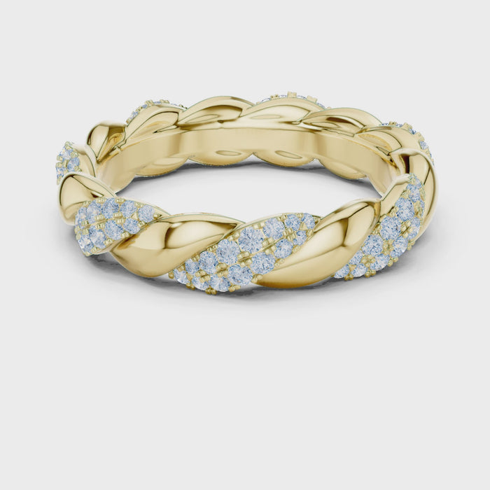 Video of yellow gold eternity band highlighting twisted rope pattern and pavé diamond setting