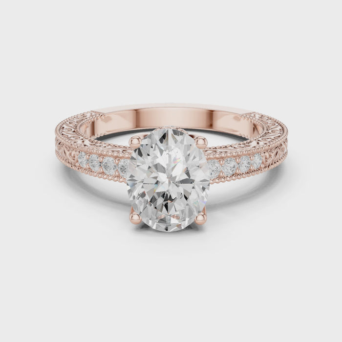 Video oval vintage filigree rose gold ring with milgrain detailing and channel-set diamond band