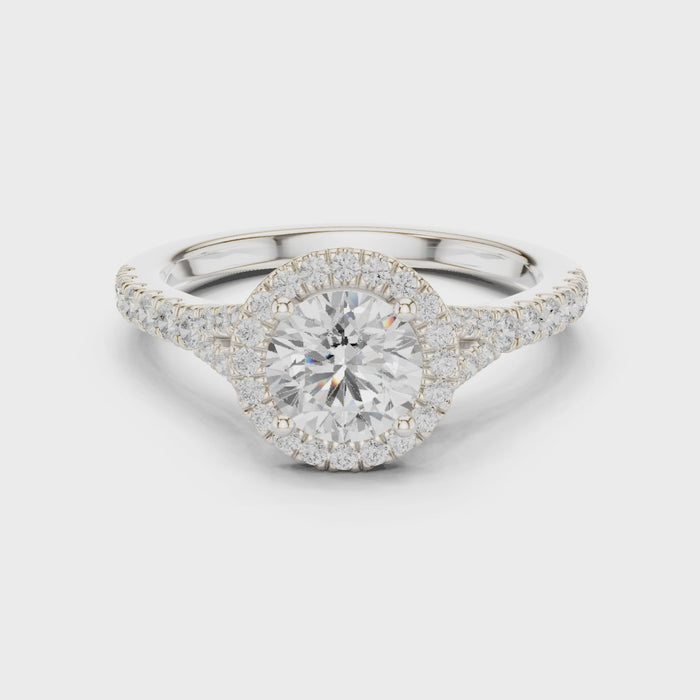 Round brilliant halo engagement ring with split pavé diamond band in white gold, lab grown diamond, Video, Australia DFE