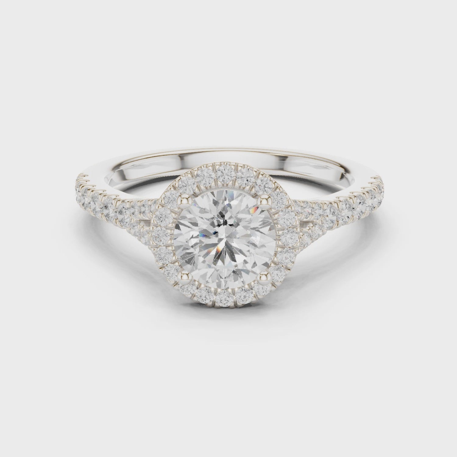 Round brilliant halo engagement ring with split pavé diamond band in white gold, lab grown diamond, Video, Australia DFE